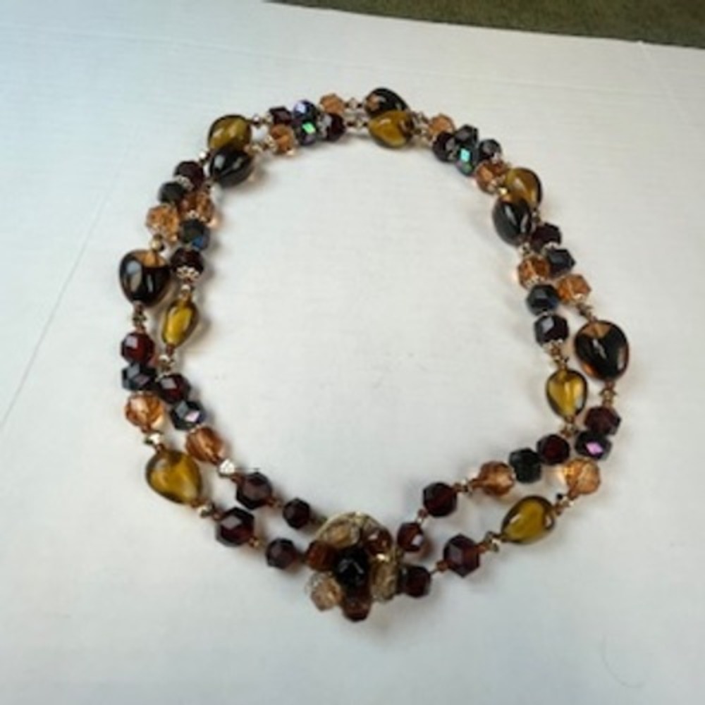 Vintage Double Strand Beaded Necklace Amber Brown Glass Beads Floral Clasp 16in